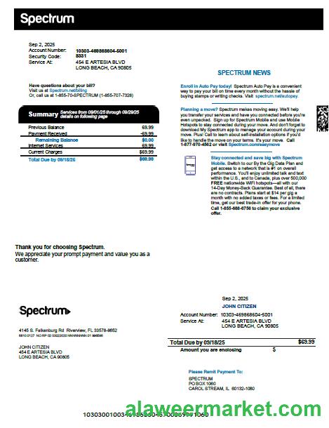 USA Spectrum utility bill template in Word and PDF formats, version 3
